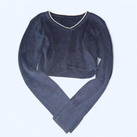 Brandy Melville navy Ribbed V-Neck Sweater with White Trim - Picture 1 of 3